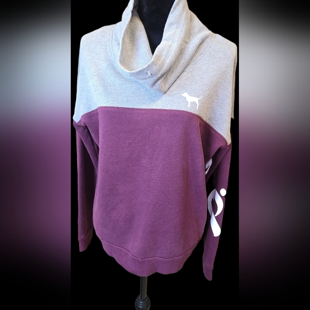 Victoria’s Secret PINK Cowl Neck Sweatshirt M Gray Burgundy Colorblock Pullover